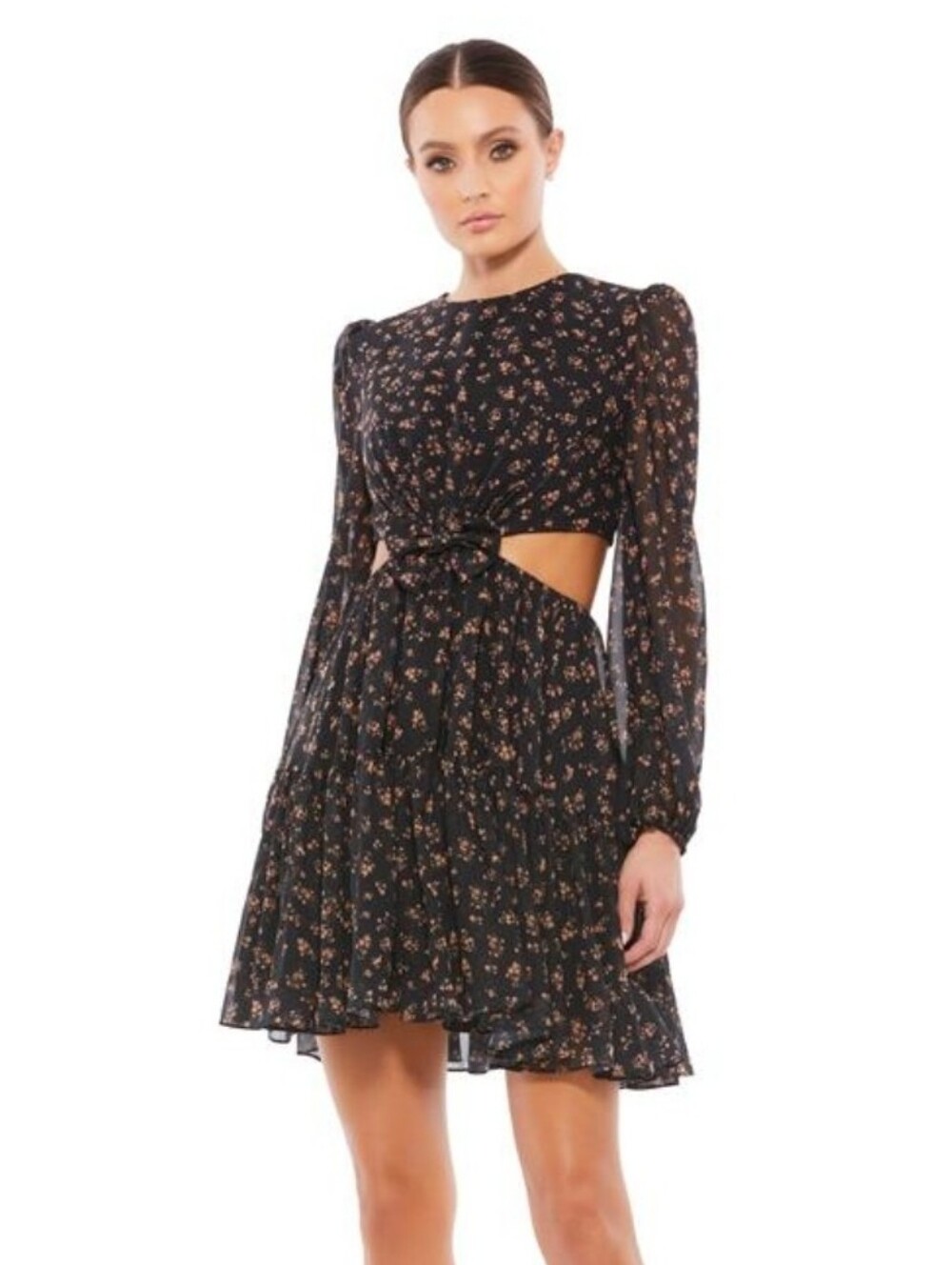 IEENA MAC DUGGAL Black Floral Cutout Long-Sleeve Mini Dress NWT 8